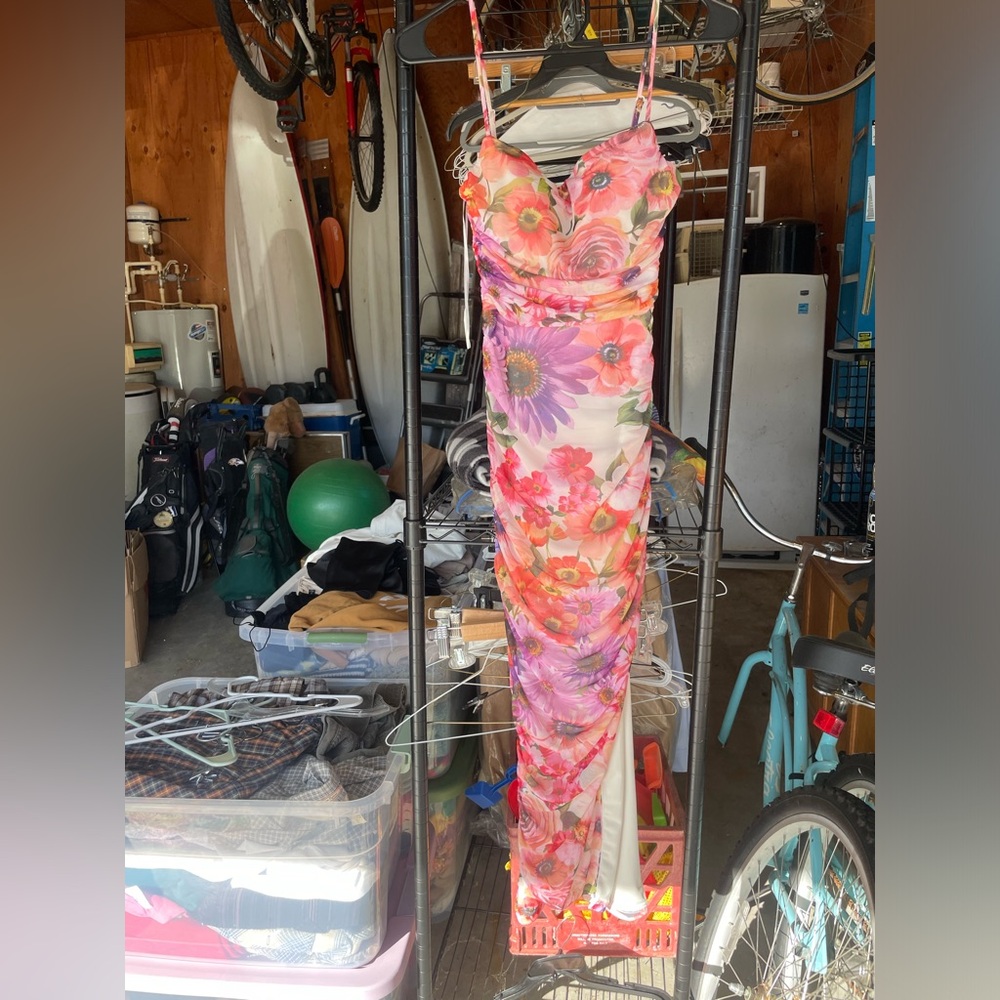 Express Pink and Orange Ruched Maxi Dress Sweetheart Neckline